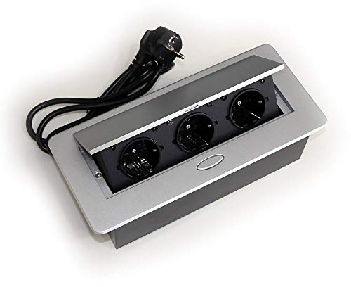 Instalación empotrada - Enchufe plata para la cocina y la oficina con cable de apertura suave de 1,5 m - Ideal para la encimera, como enchufe de mesa, enchufe de suelo - Moldeo por inyección