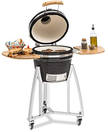 Klarstein Queensize Kamado-Grill - pour griller, cuire lentement ou fumer, panneaux latéraux amovibles, matériaux : céramique, acier inoxydable, bambou, thermomètre 0-450 °C, 3 roulettes, noir