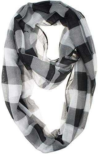 VIVIAN & VINCENT Fall Winter Soft Lightweight Buffalo Plaid Check Sheer Infinity Scarf for women Head Wrap Black and White for Christmas