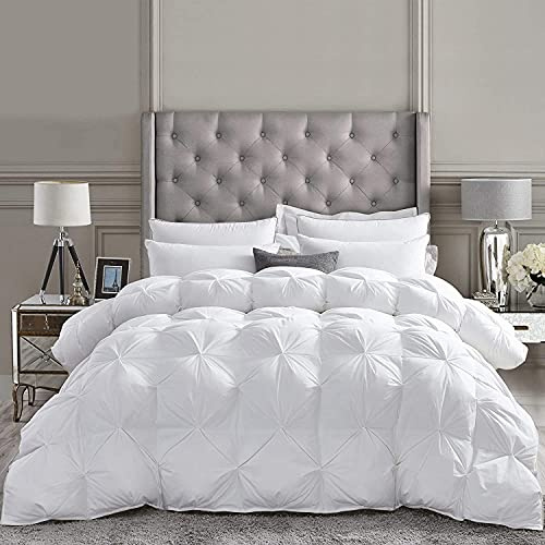 Luxurious Goose Down Feather Fiber Comforter Duvet Insert, Exquisite Pinch Pleat White Design, Oversize Palatial King White 128 x 98, Premium Baffle Box 100% Egyptian Cotton, 80 oz Fill Weight