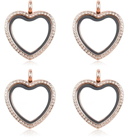 WANDIC Lot de 4 breloques en forme de cœur avec strass en or rose pour bouquet de mariage, médaillon souvenir flottant pour 2 photos