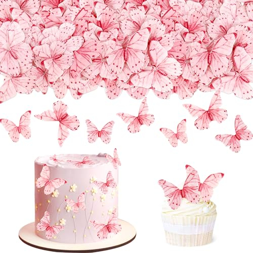 50Pcs Edible Butterfly Cupcake Toppers 3D Edible Butterfly Cake Topper Pink Butterfly Cupcake Decoration Picks Wedding Baby Shower Party Wedding Anniversary Birthday Party Cupcake Decoration