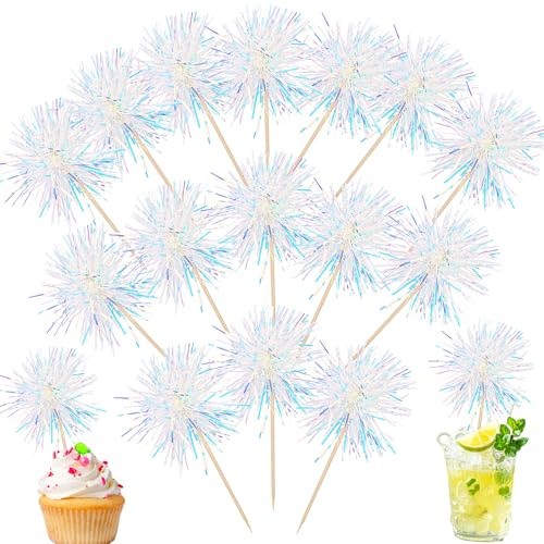 Rsstarxi Lot de 30 décorations de cupcakes en aluminium avec motif feu d'artifice - Décorations de fête d'anniversaire, cocktail, nourriture, cure-dents pour Saint-Valentin, mariage, fête