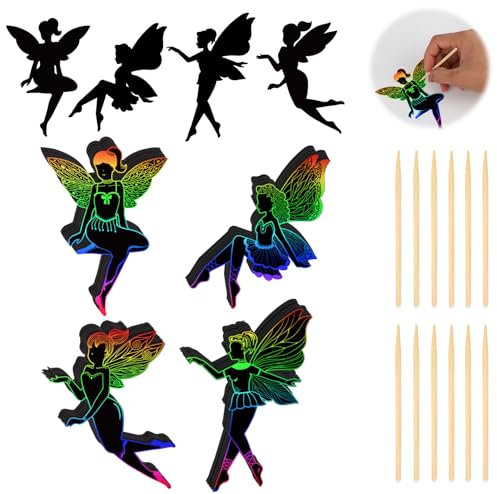 IMPPTE Kratzbild Set 48 mit Kratzelbuch Feen 12 Bambus Schaberstäbchen Kratzbuch für kinder Kritzel Kratzel Buch für Jungen Mädchen