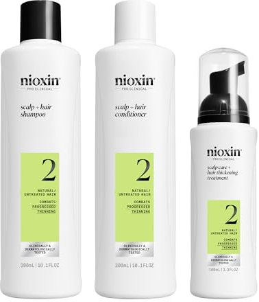 Nioxin Scalp + Hair Thickening System 2 Loyalty Kit - Hair Thickening System for Natural Hair with Progressed Thinning - Shampoo, Conditioner & Scalp Treatment, 300+300+100ml