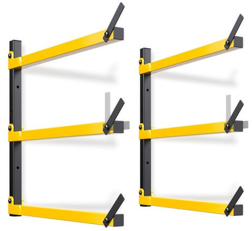 GREENER Lumber Storage Rack Folding Wood Storage Racks Wall-Mounted Metal Racks for Storage with 3-Level Heavy Duty Garage Wood Organizer for Woodworking Shop Indoor & Outdoor Use, 2 pairs,Yellow
