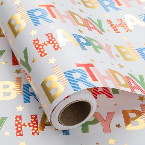 Wikadlik Bunte Geburtstags-Geschenkpapierrolle – 43 cm x 10 m – Goldfolie Happy Birthday-Schriftzug, Geschenkpapier für Urlaub, Dusche, Party