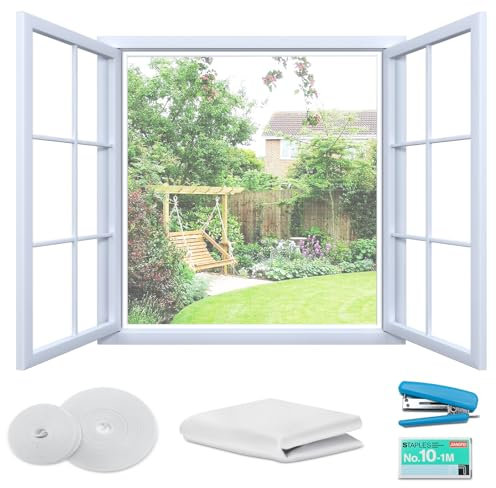 Pottwal Moustiquaire pour Fenêtre (130 x 150 cm | Blanc) | Filet Anti-Insectes avec Bande Auto-Agrippante,Agrafeuse | Moustiquaire Adhésive pour Fenêtre| Auto-Adhésive et Sans Perçage