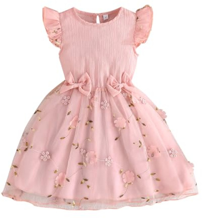 LUVCES Vestido de Tul para Niña Pequeña Volantes Mangas Estampado Floral Informal Vestido de Verano para Fiesta de Cumpleaños para Niñas Sin Mangas Flores Rosas 4-5 años