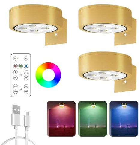 Luces Para Cuadros, Luz Inalambrica, Luces Para Cuadros De Pared, Lámpara De Cuadro LED Sin Cable, Lamparas Sin Cables Con Control Remoto, Brillo Ajustable Y Temporizador (Dorado 3colores, 3Pcs)