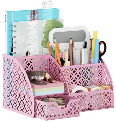 Solinxe Organiseur de bureau, organiseur métallique pour stylos avec tiroir, porte-crayons multifonctionnel à 6 compartiments pour le bureau, les enfants, la coiffeuse, Rose