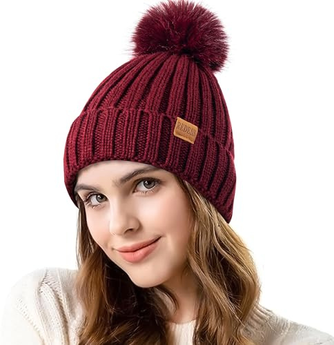 REDESS Donna Inverno Cappello a Maglia Beanie Caldo Pile Foderato con Pompom cap Spesso Slouchy Neve Maglia Cranio Ski cap