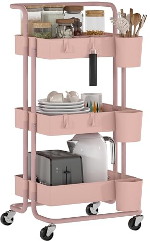 HOMCOM Carrito Auxiliar con Ruedas de 3 Niveles Carrito de Cocina con Mango 3 Cestas de Malla y 3 Cajas Colgantes Carro de Almacenamiento para Baño Salón 42x38x86,5 cm Rosa