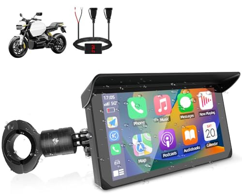 VSYSTO Schermo Carplay per moto, Carplay wireless e Android Auto, touchscreen da 5 pollici, display con indicazione della temperatura e della tensione della batteria,navigazione GPS, assistente vocale