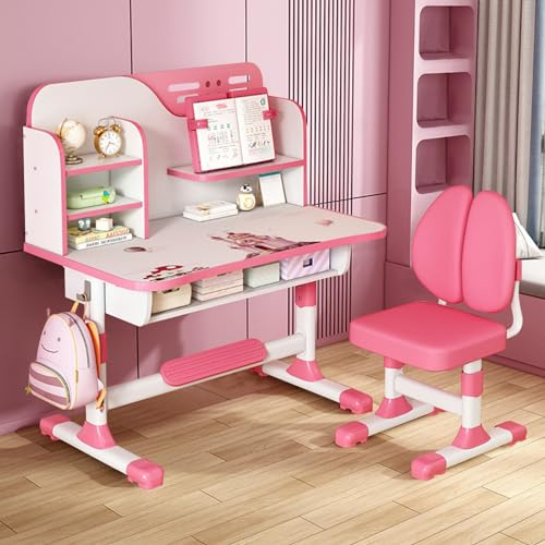 diowewea Kids Desk and Chair Sets, Height Adjustable Functional Toddlers School Study Desk with Storage Drawers, Widened Desktop, Bookstand for Boys and Girls (Pink)