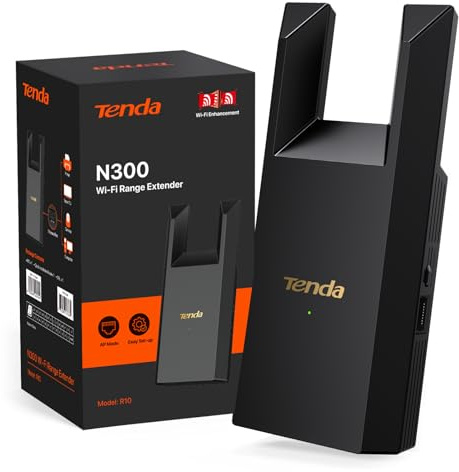 Tenda Ripetitore WiFi Extender e Access Point, Velocità Single Band 300Mbps, Porta Ethernet, Copertura fino a 120 m², Compatibile con i principali modem router WiFi, Nero(R10)