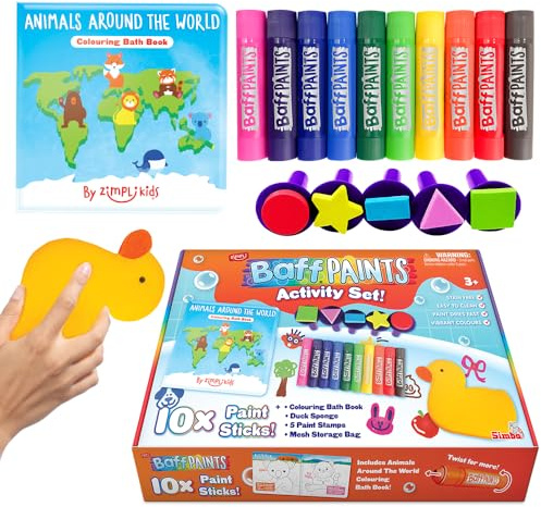 ZIMPLI Baff Paints - Juego de 10 barras de pintura de baño lavables, libro de baño para colorear, esponja de pato, 5 sellos de formas divertidas y bolsa de almacenamiento de malla, juguete de baño