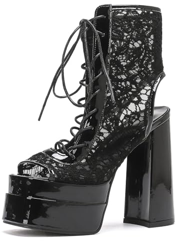 getmorebeauty Women's Lace Platform Chunky High Heels Lace-up Slingback Sandals Open Toe Party Dressy Shoes (US9 Black)
