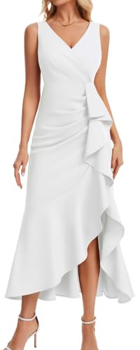 DRESSTELLS Wedding Guest Dresses for Women UK, Formal Cocktail Evening Party Prom Mother of the Bride Bridesmaid Elegant Aline Ruffle Maxi Dress White S