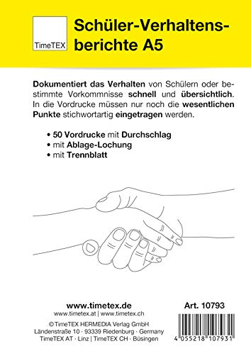 TimeTEX Schüler-Verhaltensberichte A5 - Dokumentiert das Verhalten von Schülern - 50 Vordrucke mit gelbem Durchschlag - selbstdurchschreibend - A5 - Block - 10793