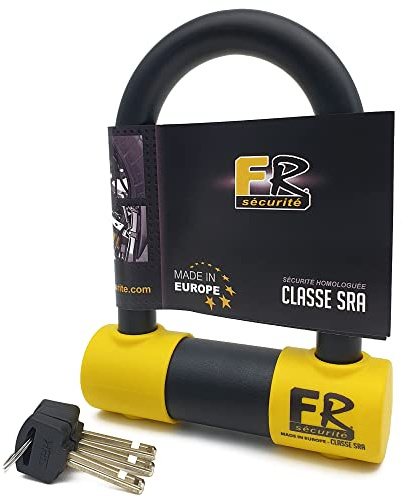 FR SECURITE FR85120 Lucchetto a U Alta Sicurezza Omologato SRA, Arco ø18 Acciaio Temperato Doppio Blocco Antigraffio, Serratura Antistrappo, U-lock Antifurto 85x120mm per Moto, Scooter, Bici