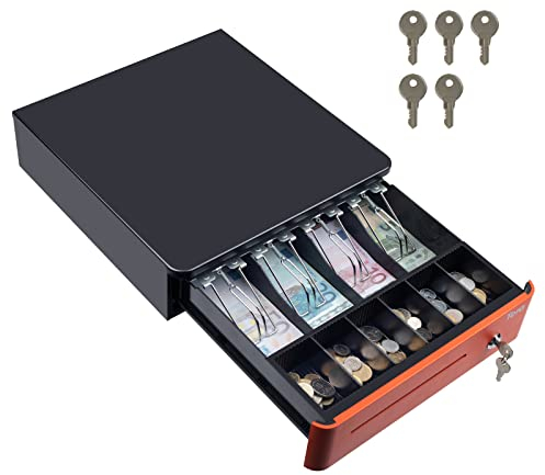 Tera Elektronische Kassenschublade mit 1 Herausnehmbarem Münzfach, geldscheine Geldlade touch, 4 Geldscheinfächern und 1 Medienfach, Geldschublade für kleine Unternehmen Geschäfte, Modell 330R Orange