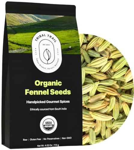 Tribal Trail Fennel Seeds Organic | 4.02 oz | USDA Organic & Non-GMO | Recyclable Kraft Bags | Best for Tea, Smoothies & Cooking | Ethically Sourced Spices from South India