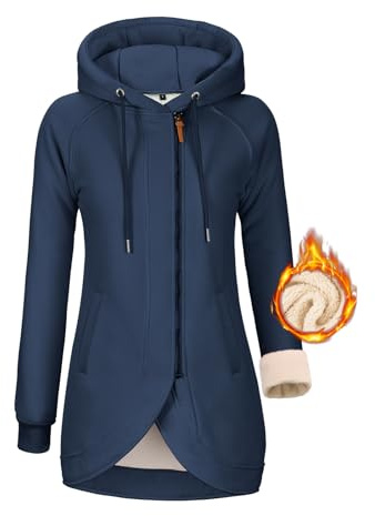 Voqeen Damkappa vinterkappa med dragkedja ledig huvtröja pullover sweatshirt höstjacka, Marinblå, XXL