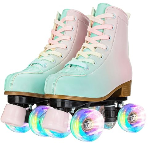 YYW Roller Skates for Girls and Women, Fantastic Gradient Pink and Green PU Leather Light Up Kids Youth Roller Skates, Indoor Outdoor, Size 32 (Youth 1)