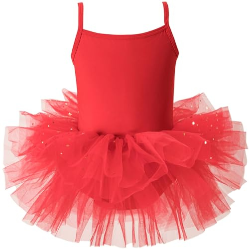 AIEOE Robe de Ballet pour Fille Justaucorps Entrejambe avec Bouton Manche Courte à Volants de Ballet Danse Gymnastique Enfants 6-8 Ans Rouge A