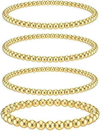 Dochais 4PCS Gold Bead Armbänder, EinstellbareStapelbar Armband Set,Stretch Goldperlen Armbänder Hypoallergene, 14K Karat Vergoldet, Gold Armbänder für Damen und Herren