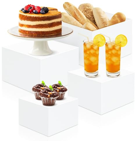 RETON Set di alzate per buffet, alzate per alimenti in acrilico per tavolo da buffet, set di espositori bianchi per alimenti con fondo cavo, scatole cubiche alzate impilabili per torte, matrimoni