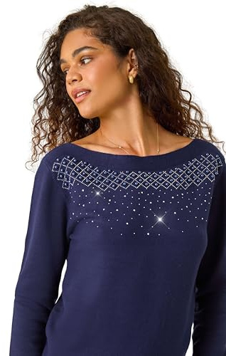 Roman Embellished Boat Neck Jumper for Women UK - Ladies Autumn Everyday Winter Holiday Long Sleeve Soft Sparkle Design Comfy Warm Feel Top Dinner Date Sweaters - Midnight Blue - Size 12