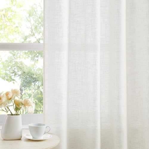 Treatmentex Natural Linen Semi Sheer Eyelet Curtains 90 Inch Drop Pair | 2 Panels, White Sheer Window Drapes, for Living Room Bedroom, Flax Linen Blend Light Filtering Window Curtains, All Season