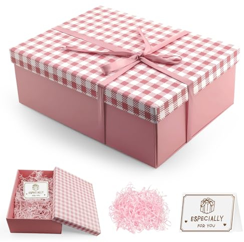 Boite Cadeau Vide, Boîtes Cadeaux avec Couvercle 25 x 18 x 8,5 cm, Emballage Cadeau Boite avec Cartes de Vœux Ruban Raphia, Cadeau Boîte Pliable pour Anniversaire Mariage Noël Fête (Rose)