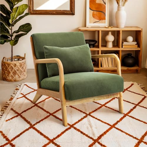 Sicaan Fauteuil Salon Scandinave Kaki Marie - Fauteuil Relax Confortable avec Coussin Accoudoirs en Bois Courbé Design Moderne Chambre Chaise Scandinave Vintage Élégante 65 x 84 x 74 Cm
