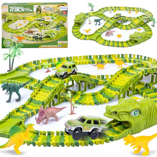 Kinderplay Dino Carreras de Juguete para Coche, 360 cm, Pista de Carreras con 240 Piezas, Dinosaurio con Puentes, túneles y Coche, Regalo para niños a Partir de 3 años
