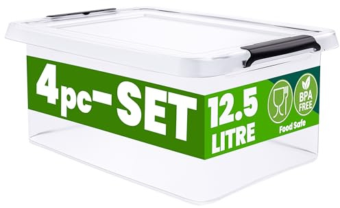Deuba® 4x Aufbewahrungsbox mit Deckel 12,5L Box Kunststoff Kisten lebensmittelecht BPA frei Klickverschluss transparent stapelbar Küche Schlafzimmer