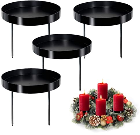 4 Portavelas de Corona de Adviento, 8 cm Platos de Velas de Adviento de Metal, Candelabro de Corona Navideña de Adviento, Candeleros para Corona de Adviento para DIY Corona Decoración de Mesa (Negro)