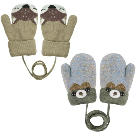 GYIOFAI 2 Pares Manoplas de Punto de Invierno para Bebés, Guantes Niño y Niña de Invierno con Manoplas de Forro Polar, Manoplas Cálidos Bebé para Colgar en el Cuello para (Multicolor)