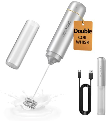 CIRCLE JOY Rechargeable Milk Frother Handheld, Dual Coil Whisk Head Electric Coffee Frother, Portable Hand Frother Wand Drink Mixer for Matcha Lattes Cappuccino, Kitchen Gifts, Silver