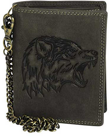 Harrys-Collection Geldbörse aus hochwertigem Vintage Leder + RFID mit Kette! Wolf, Farben:schwarz