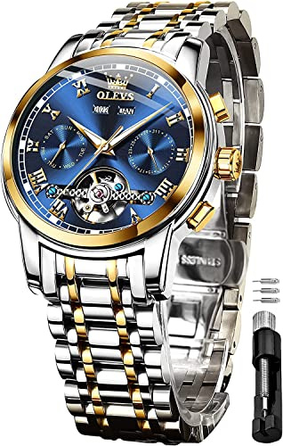 OLEVS Orologio automatico per gli uomini a carica automatica meccanica impermeabile cinturino in acciaio inossidabile quadrante blu classico Tourbillon orologi da polso