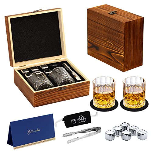 Whiskey Stones and Whiskey Glass Gift Set, KAQ 6 Stainless Steel Whisky Stones 2 Crystal Whisky Glasses with Blessing Card in a Exquisite Wooden Box, Prepare a Gift for Whisky Scotch Bourbon Lover