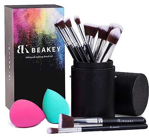 BEAKEY Makeup Pinsel Foundation Blending Face Powder Blush Lidschatten -Sets mit Schwamm und Reinigungsei (10+2pcs mit schwarzem Pinseletui)