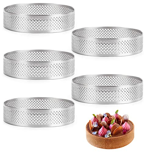 Fayrimi Lot de 5 anneaux à ronds en acier inoxydable pour dessert français - Moule à perforation - Mousse - Gâteau aux fruits - Quiche - Gâteau au fromage