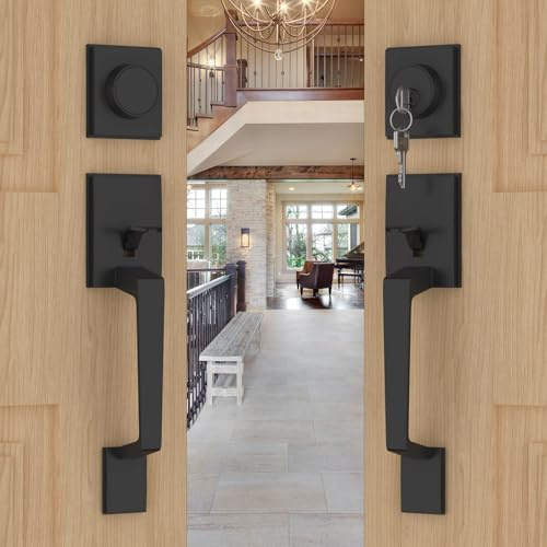 Goldenwarm Double Front Door Lock Set, Black Double Door Handle Set, Matte Black Double Door Handle with Dummy, Modern Double Front Door Hardware Set with Reversible Handle Lever
