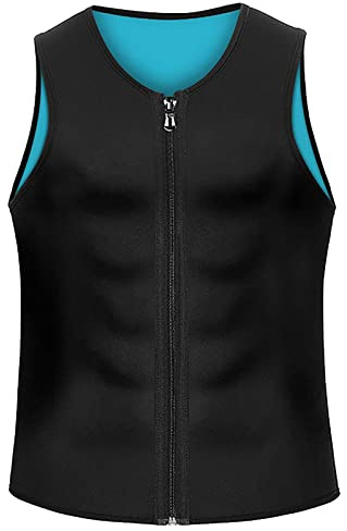 Saklifuo Camicia a compressione da uomo, snellente, modellante, senza maniche, con cerniera in vita, canottiera modellante per stomaco, Nero con interno blu, XL