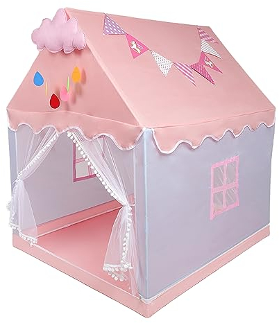 Tenda da Gioco per Bambini, Casetta dei Giochi per Interni ed Esterni, Grande Castello da Principessa Rosa per Ragazze con Finestre Nuvole e Bandiere, Tenda per Bambini Regali per Bambine