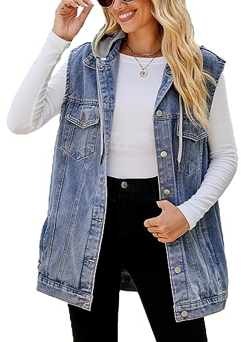 PAODIKUAI Gilet in denim oversize da donna, giacca in denim invecchiato senza maniche con tasche per una sovrapposizione casual